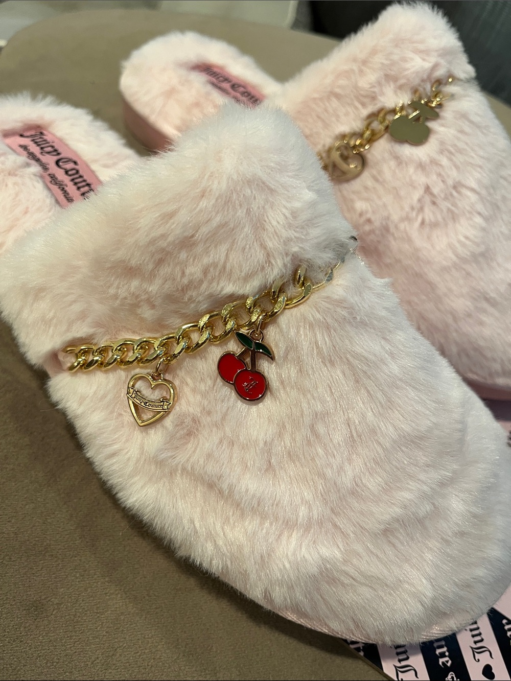 Juicy Couture Plush Slip-On Slippers with Gold Chain & Red Heart Charms